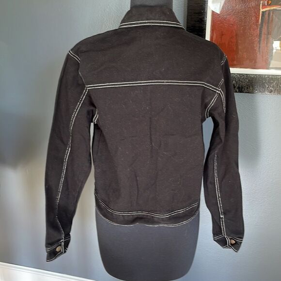 Forever 21 black denim white topstitch silver button jacket “thanks” chest patch - Picture 3 of 3